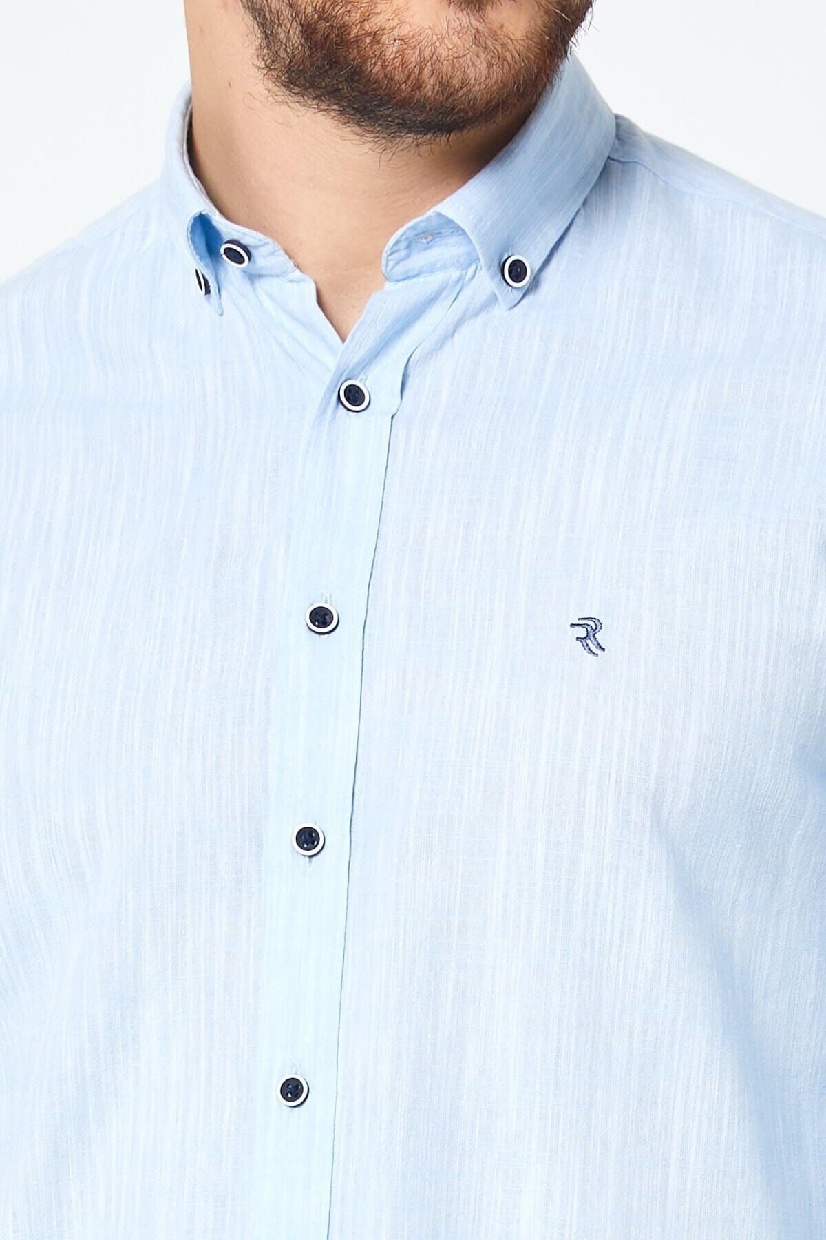 Keten Mavi Slim Fit Uzun Kol Gömlek