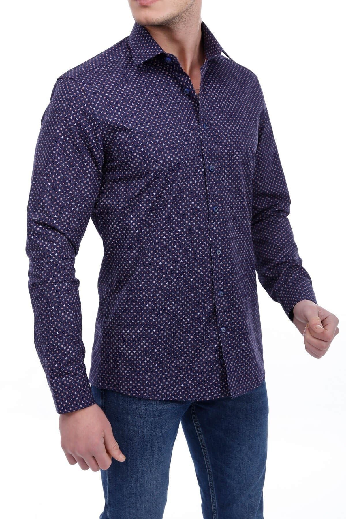 Baskılı Lacivert Slim Fit Gömlek