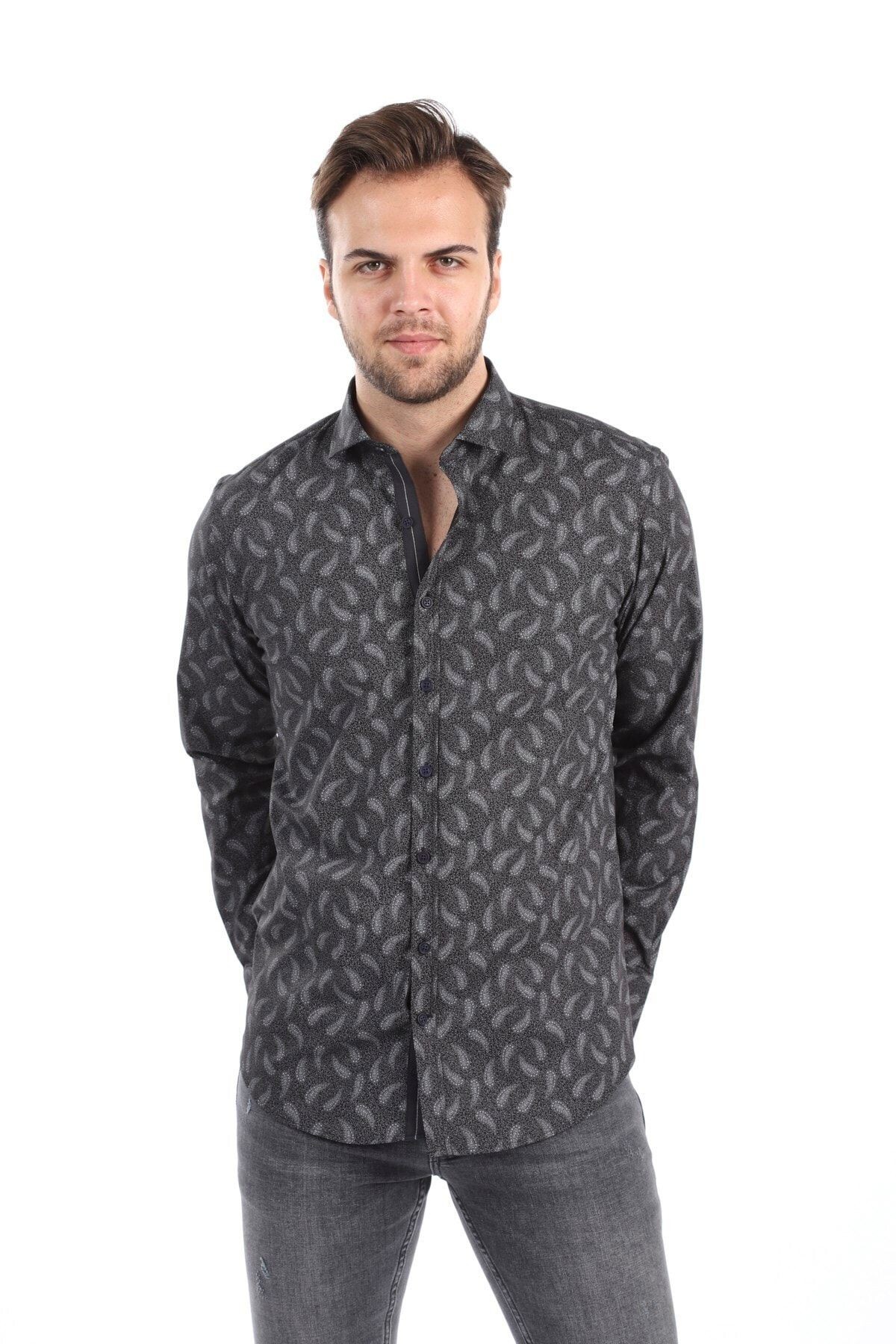 Baskılı Siyah Slim Fit Gömlek