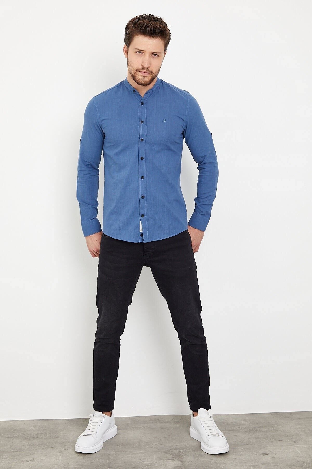 Pamuk Keten Hakim Yaka Lacivert Slim Fit Uzun Kol Gömlek