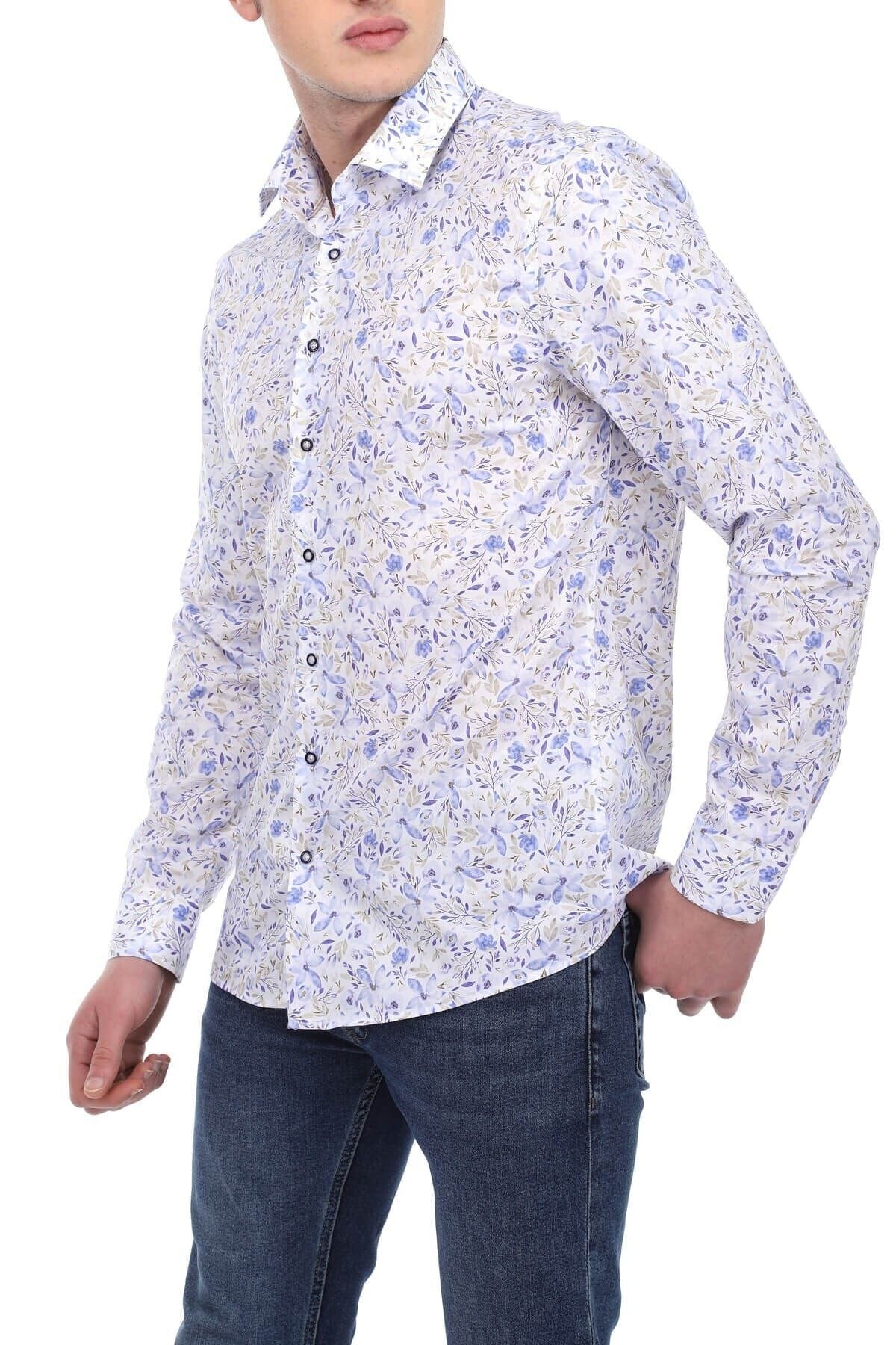Baskılı Beyaz Slim Fit Gömlek