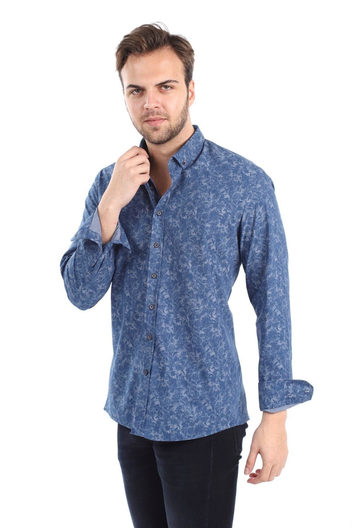 Baskılı Lacivert Slim Fit Gömlek