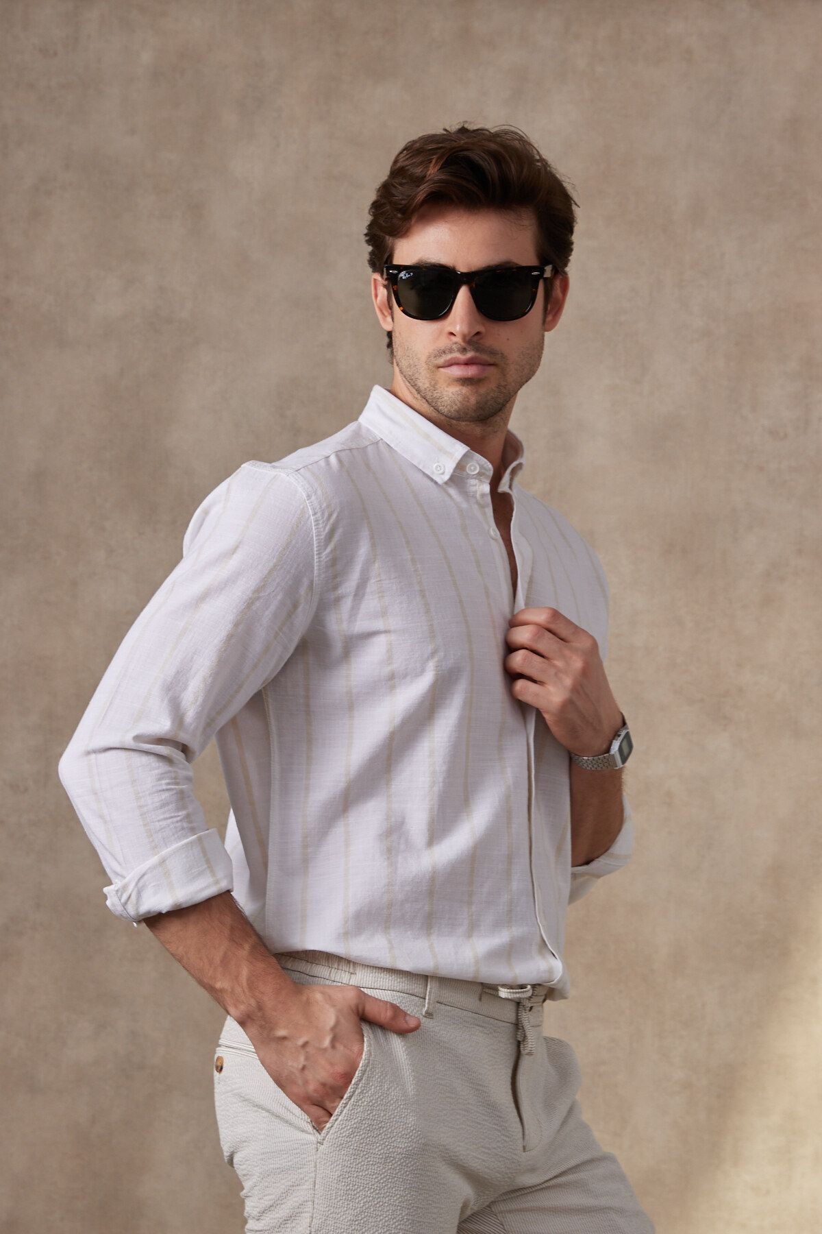 Çizgili Modern Slim Fit Keten Uzun Kol Erkek Gömlek