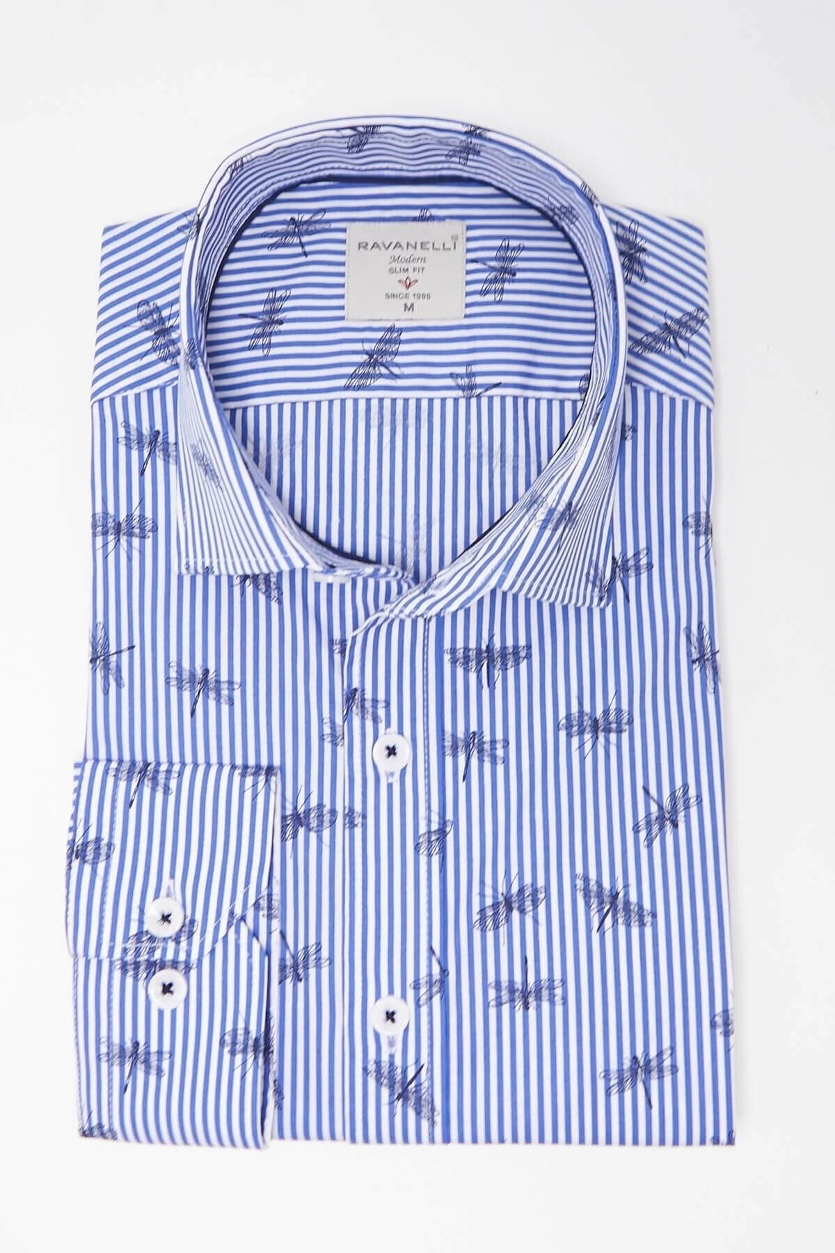 Mavi Baskılı Slim Fit Uzun Kol Gömlek