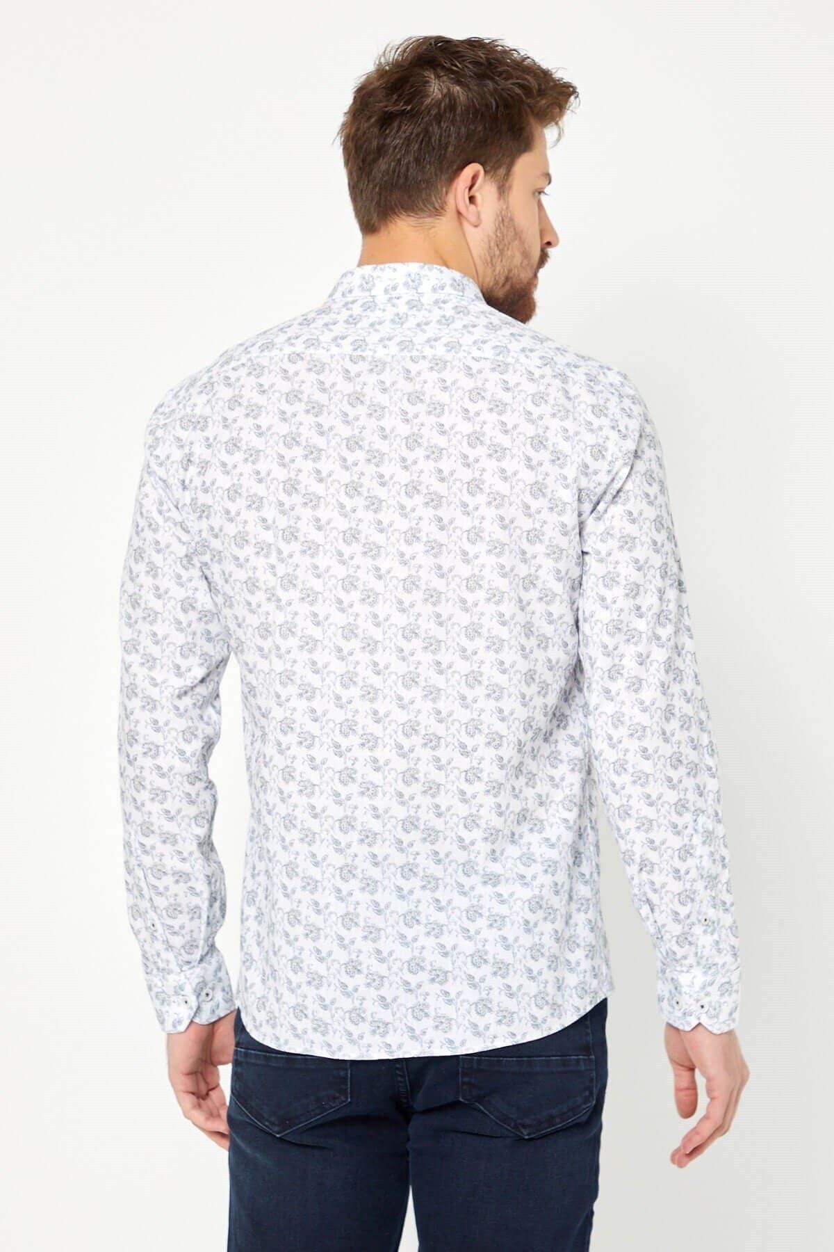 %100 Pamuk Keten Lacivert Baskılı Slim Fit Uzun Kol Keten Gömlek