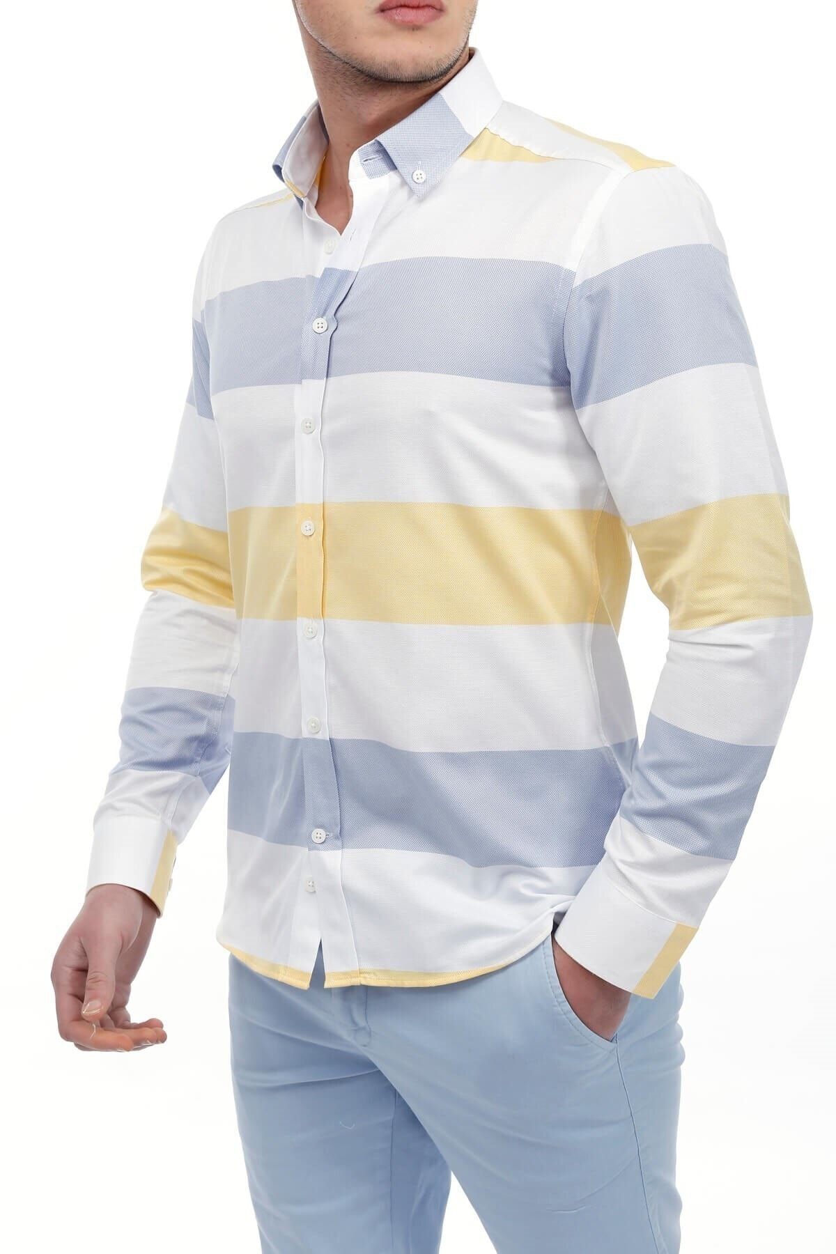 Sarı Beyaz Panolo Slim Fit Gömlek