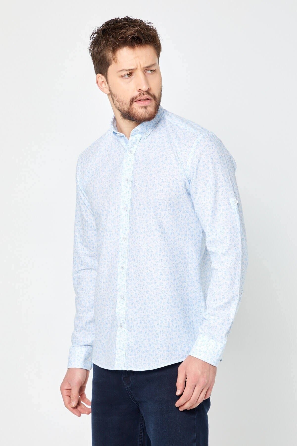 %100 Pamuk Keten Mavi Baskılı Slim Fit Uzun Kol Keten Gömlek