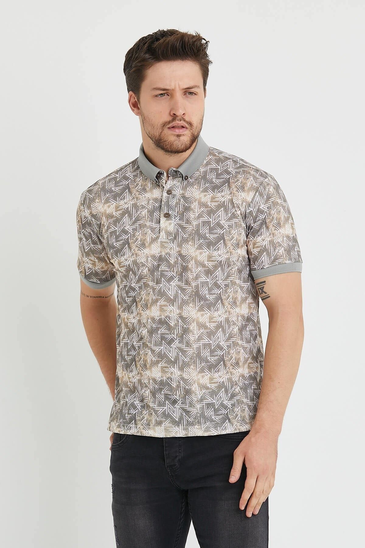 Polo Yaka Düğmeli Baskılı Bej Slim Fit Tişört