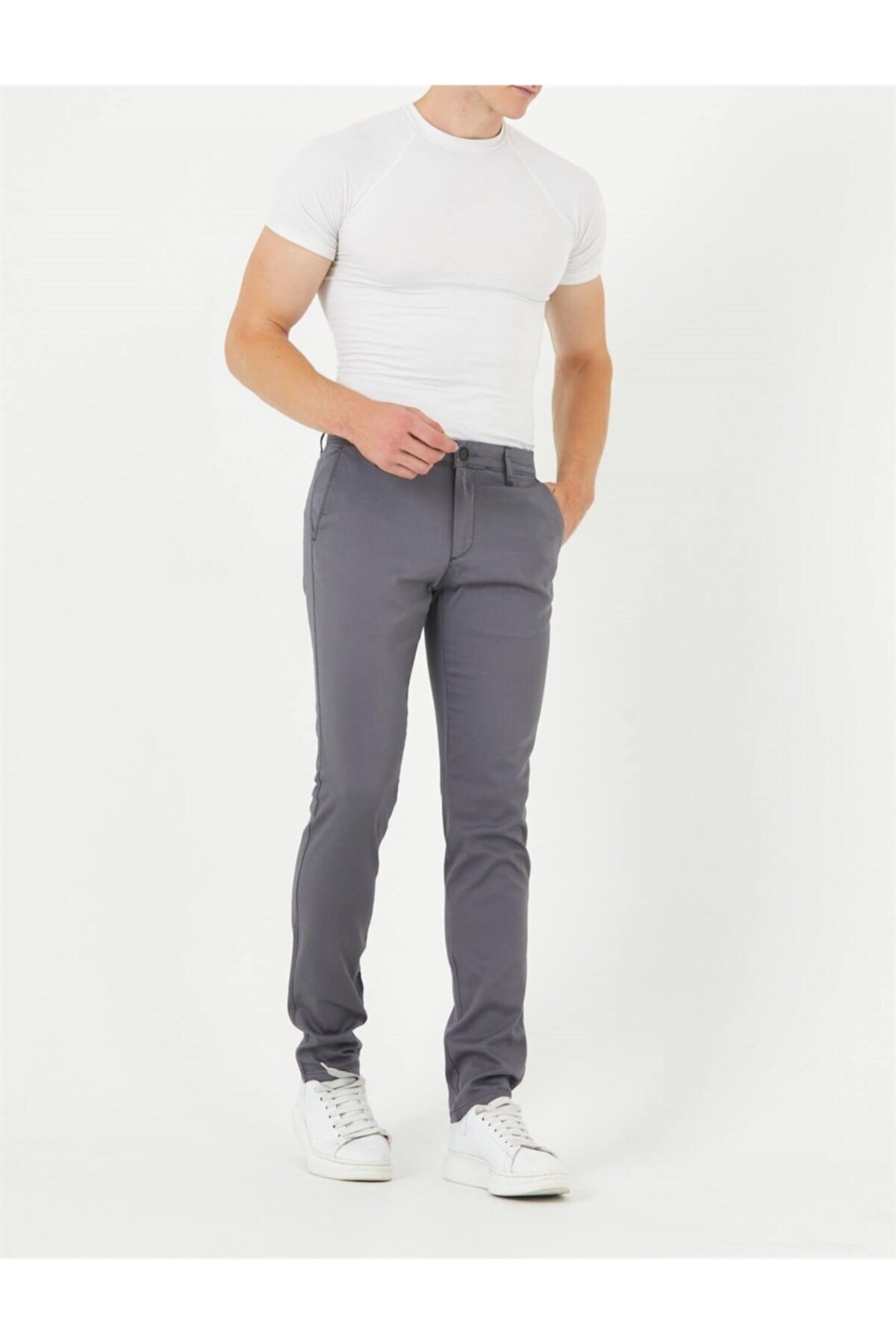 Gri Chıno Yan Cepli Mikro Desen Keten Regular Fit Pantolon