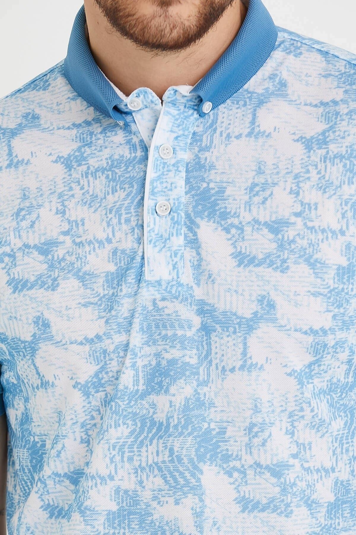 Polo Yaka Düğmeli Baskılı Mavi Slim Fit Tişört