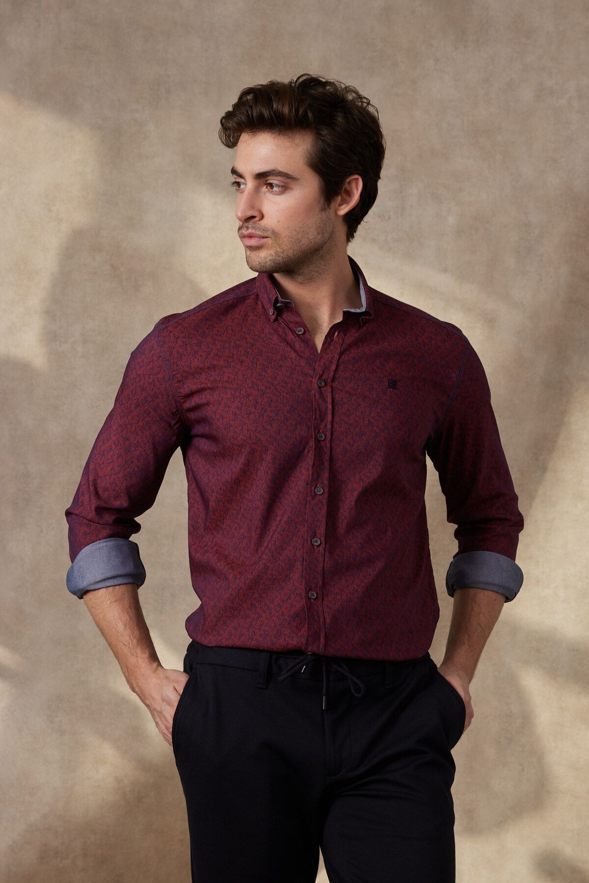 Erkek Baskılı Bordo Modern Slim Fit Uzun Kol Gömlek
