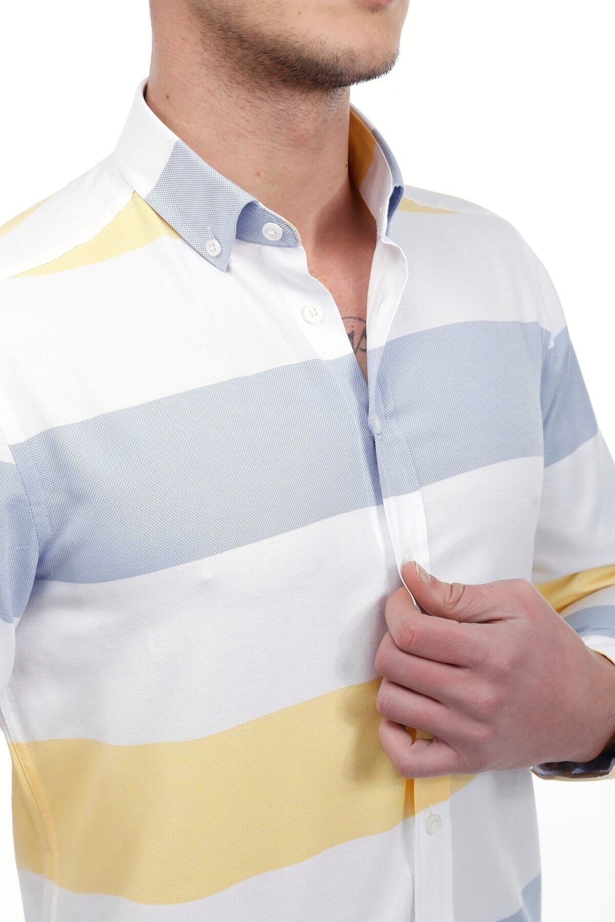 Sarı Beyaz Panolo Slim Fit Gömlek