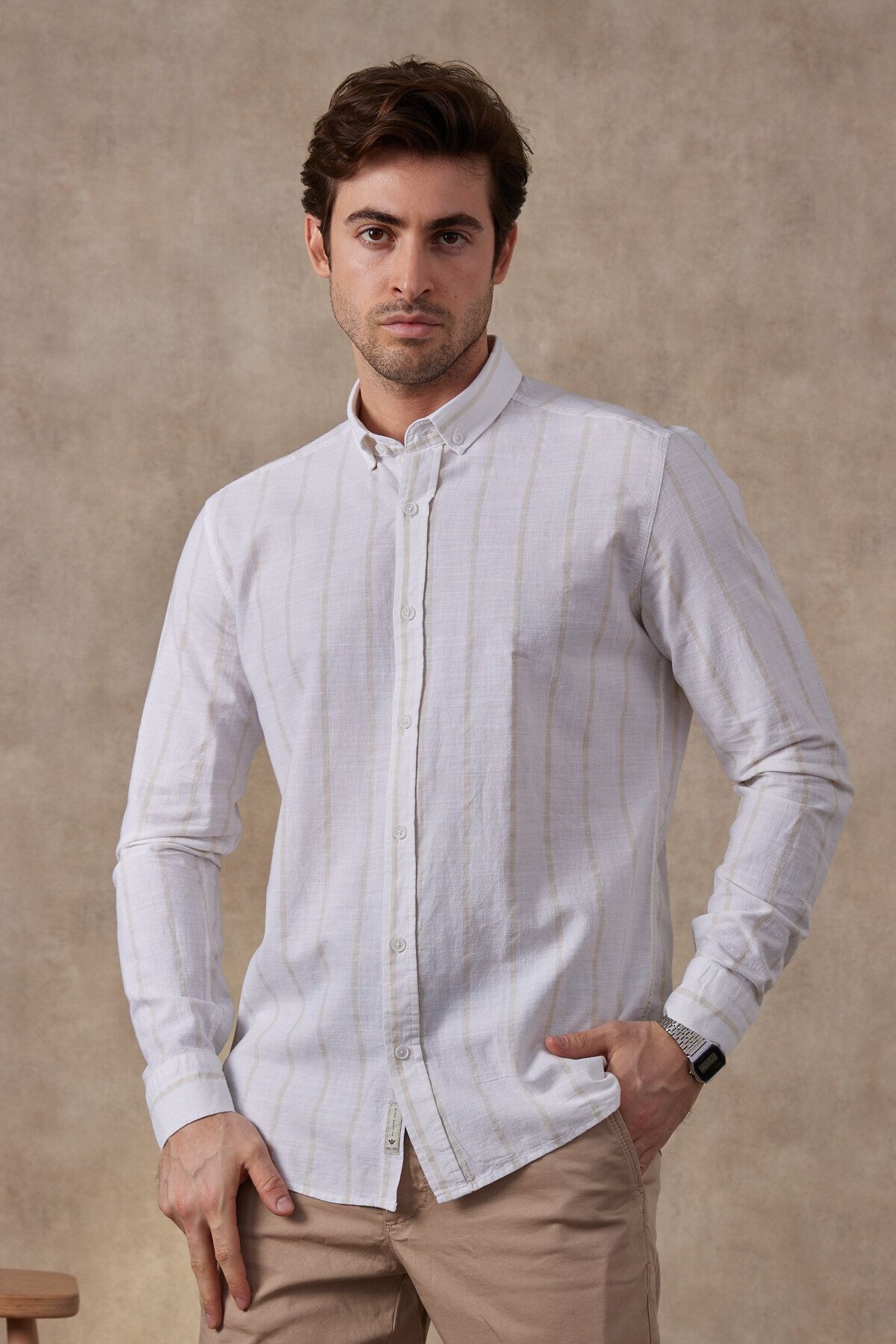 Çizgili Modern Slim Fit Keten Uzun Kol Erkek Gömlek
