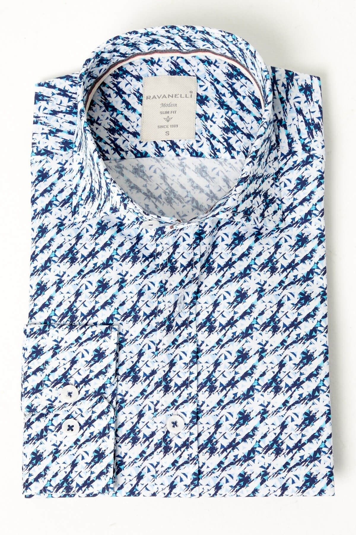 %100 Pamuk Lacivert Baskılı Slim Fit Uzun Kol Gömlek