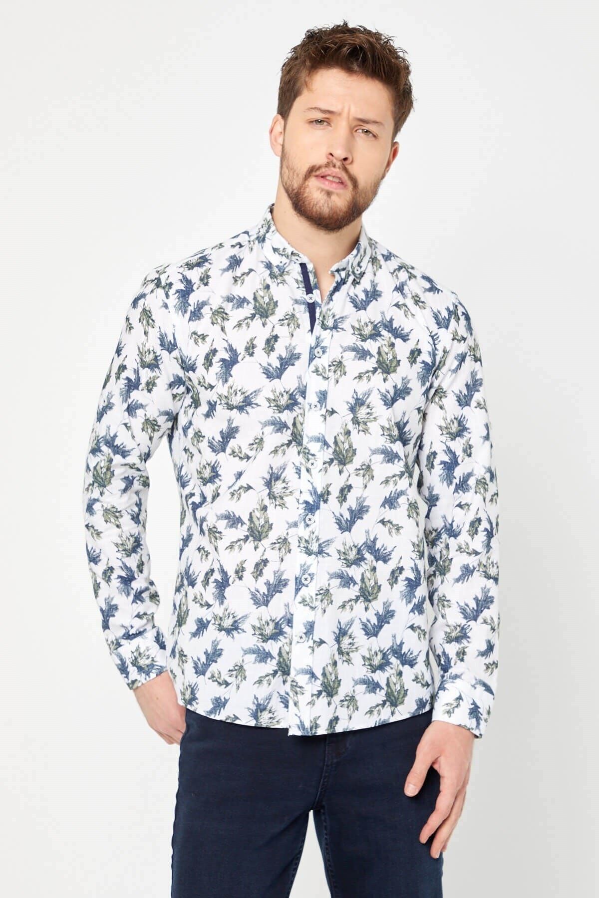 %100 Pamuk Keten Yeşil Baskılı Slim Fit Uzun Kol Keten Gömlek