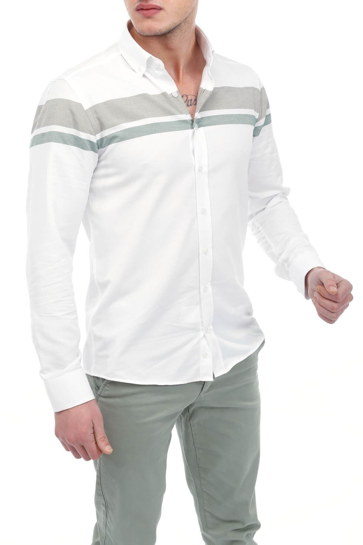 Haki Panolu Beyaz Slim Fit Gömlek