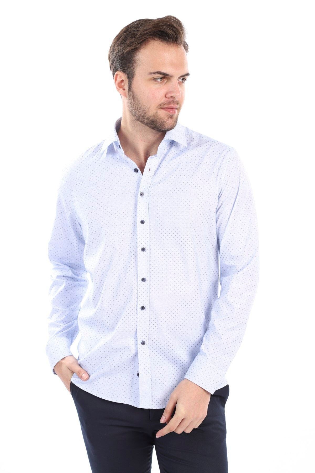 Baskılı Mavi Slim Fit Likralı Gömlek