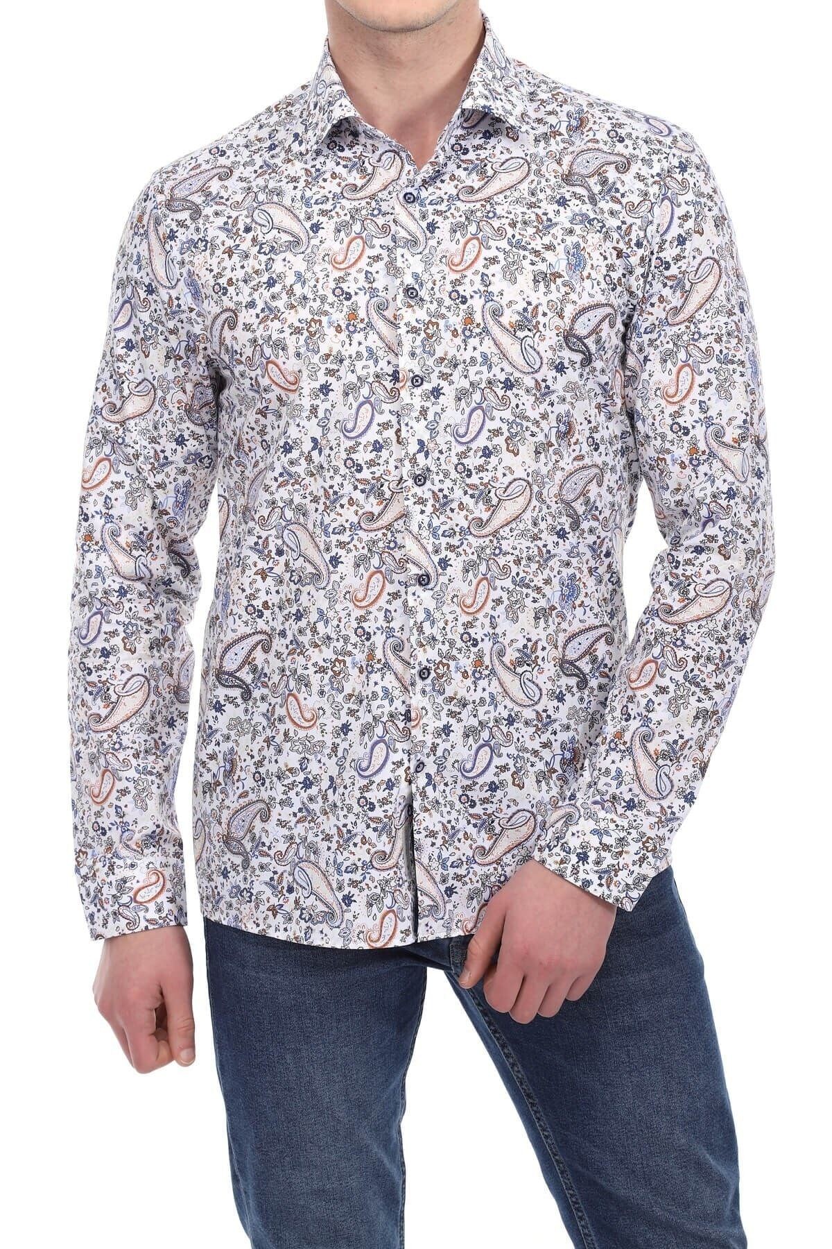 Baskılı Beyaz Slim Fit Gömlek