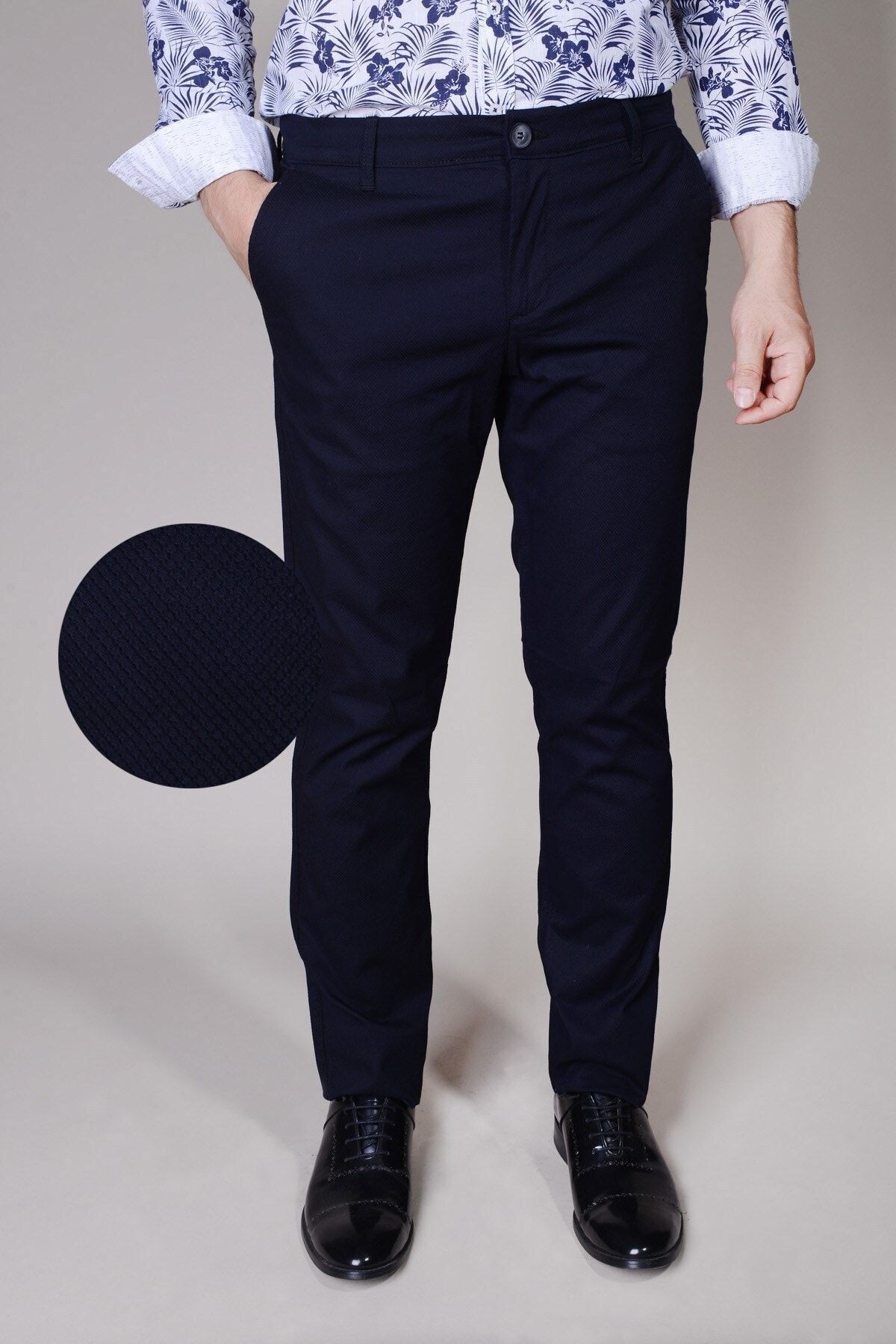 Erkek Lacivert Regular Fit Armürlü Pantolon