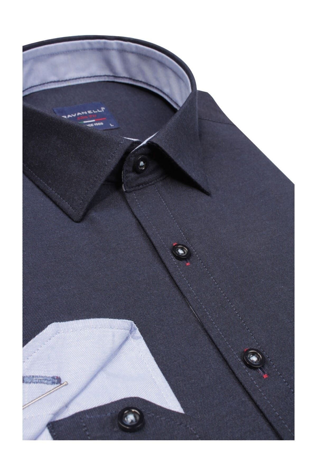 Erkek Lacivert Slim Fit Şambre Uzun Kol Gömlek