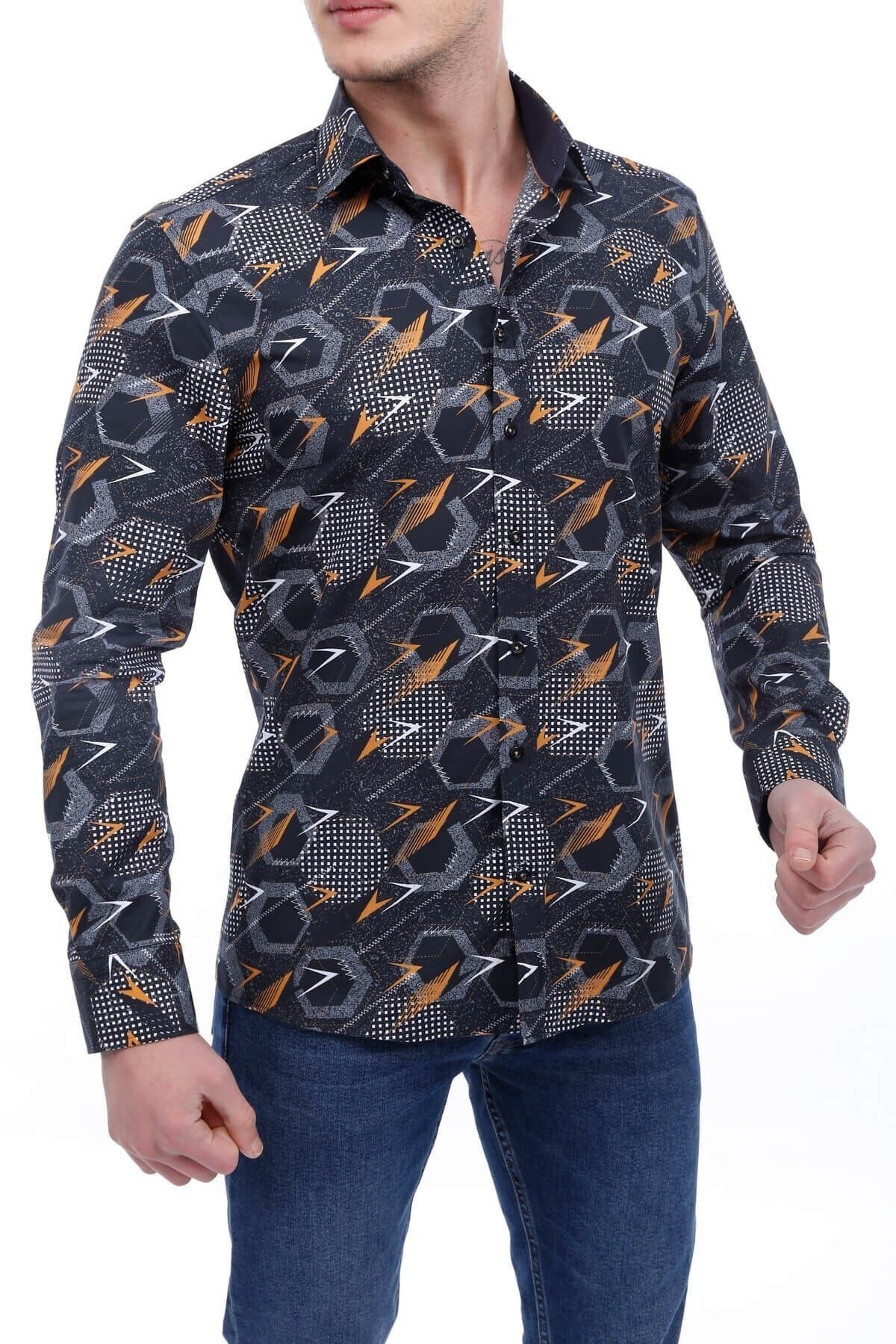 Baskılı Siyah Slim Fit Gömlek