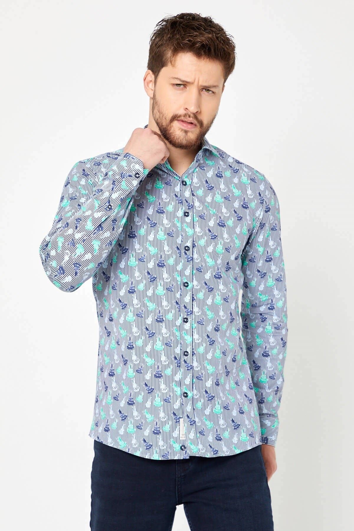 %100 Pamuk Çizgi Baskılı Slim Fit Uzun Kol Gömlek