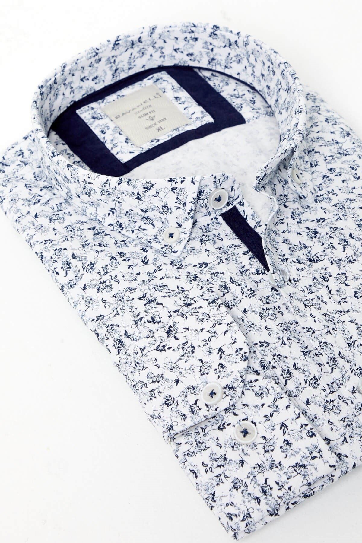 %100 Pamuk Keten Lacivert Baskılı Slim Fit Uzun Kol Keten Gömlek