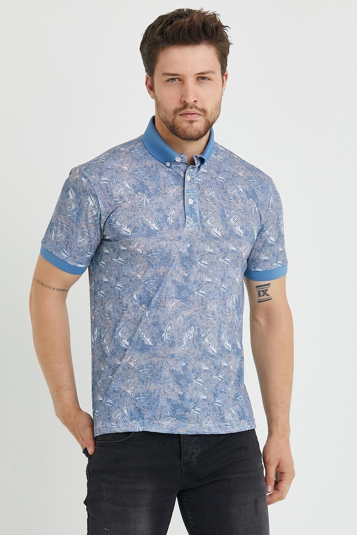 Polo Yaka Düğmeli Baskılı Lacivert Slim Fit Tişört