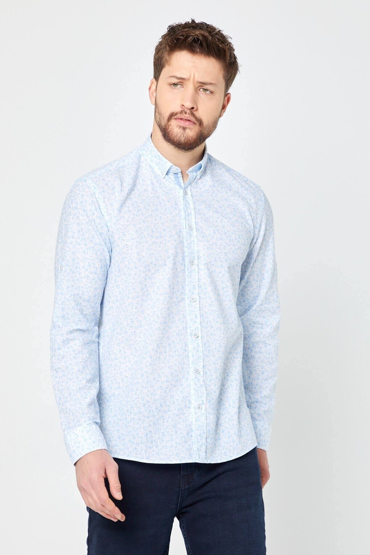 %100 Pamuk Keten Mavi Baskılı Slim Fit Uzun Kol Keten Gömlek