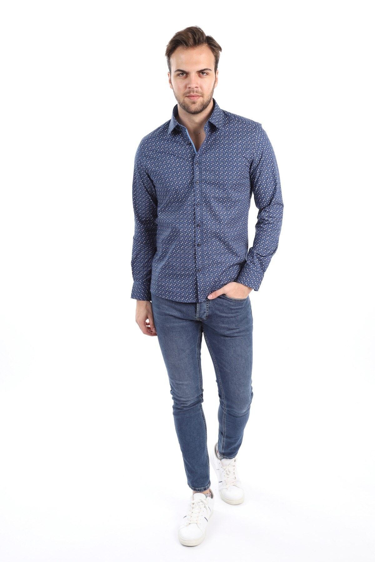 Baskılı Lacivert Slim Fit Gömlek