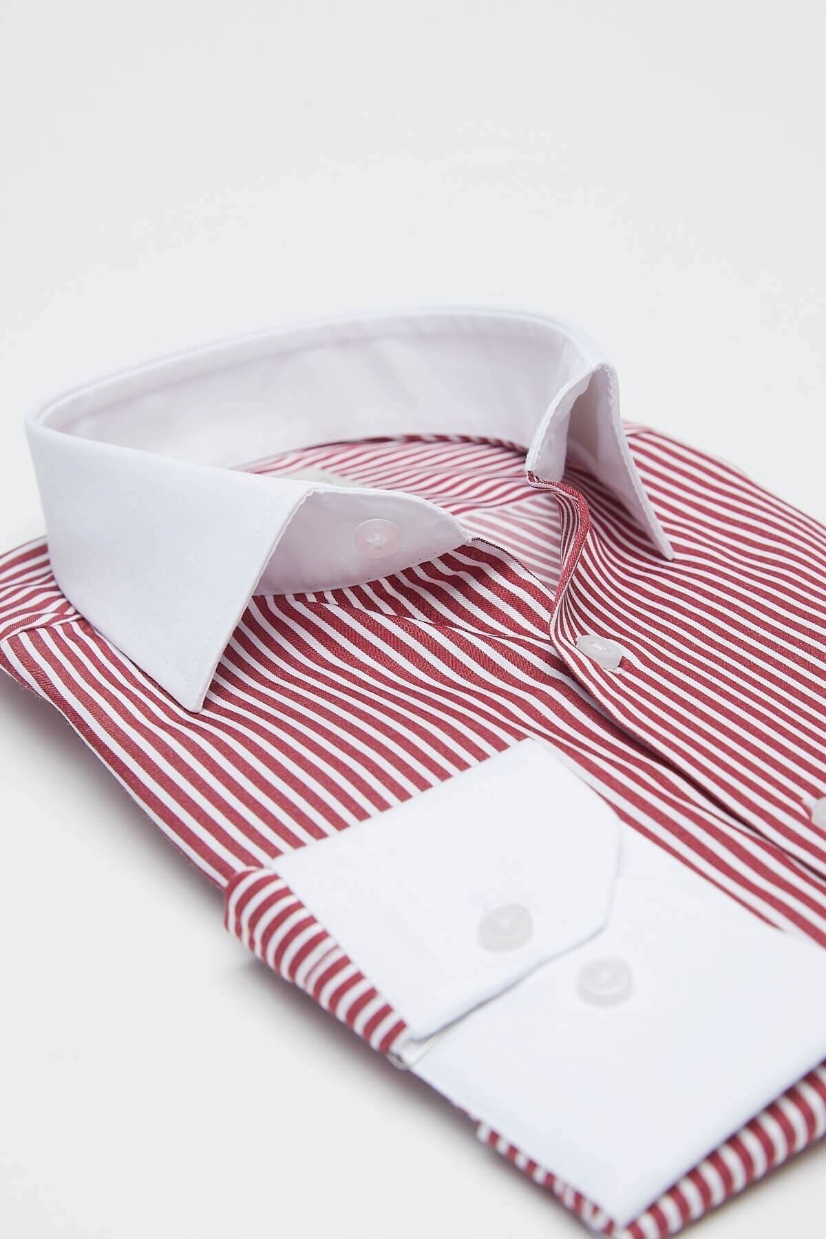 Beyaz Yakalı Bordo Beyaz Çizgili Slim Fit Uzun Kol Gömlek