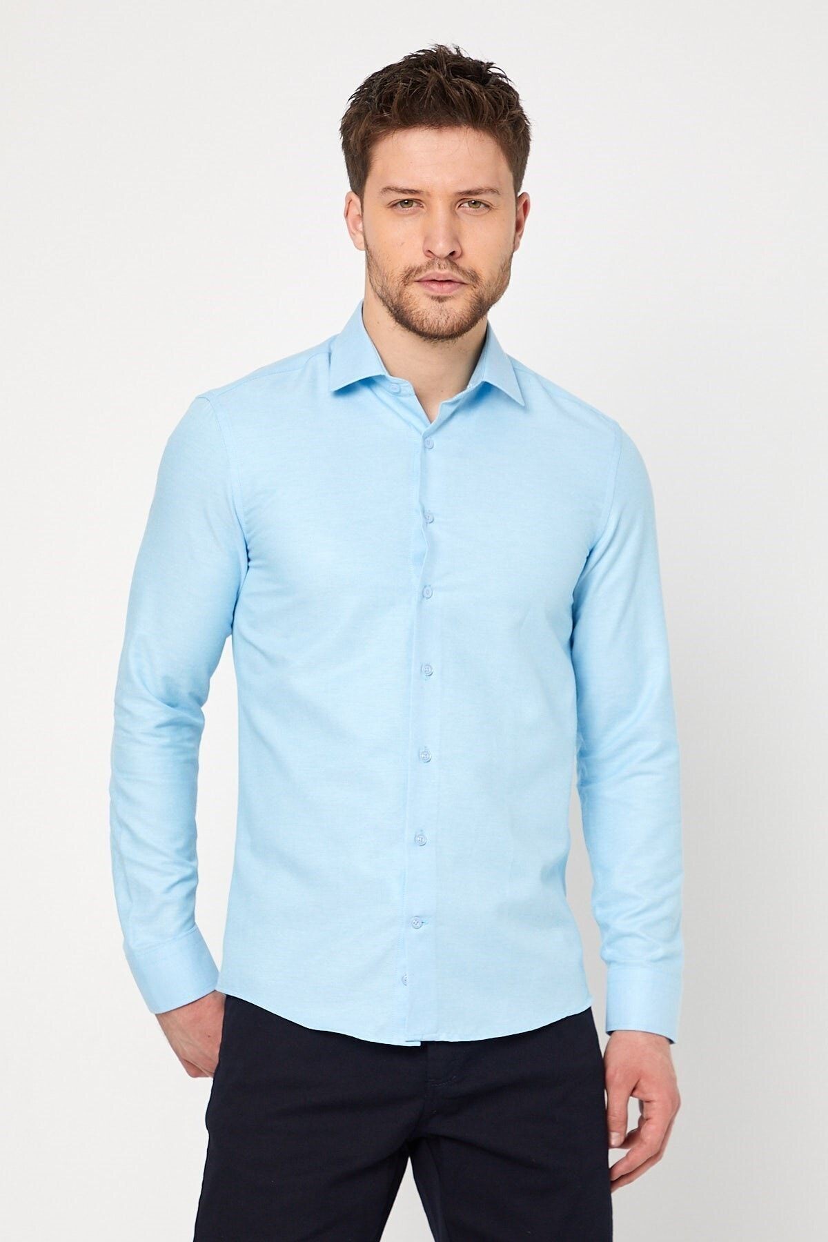 Turkuaz Slim Fit Uzun Kol Gömlek
