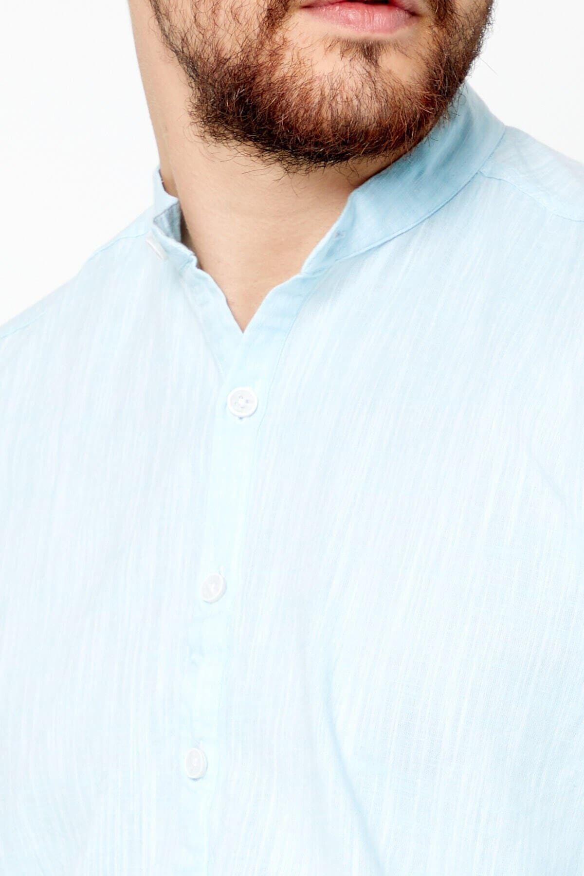 Keten Hakim Yaka Yarım Pat Turkuaz Slim Fit Uzun Kol Gömlek