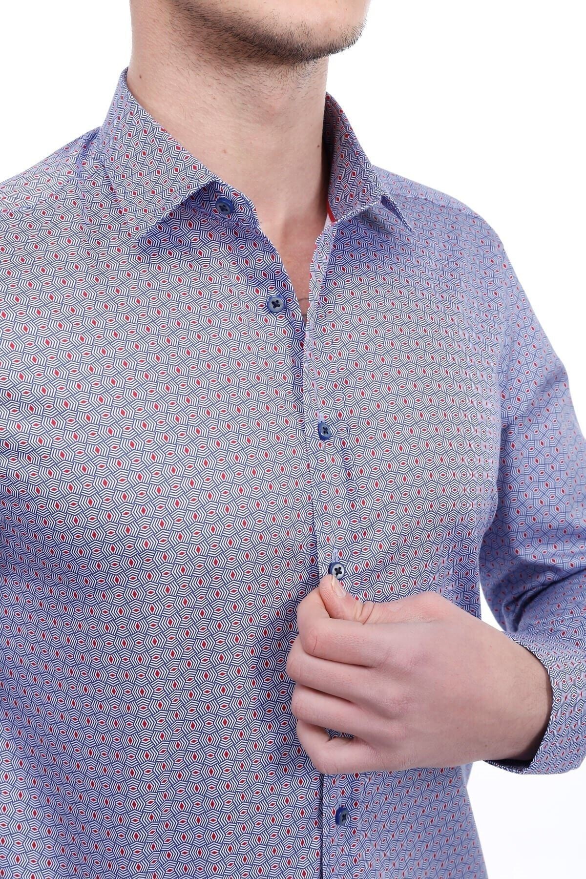 Baskılı Mavi Slim Fit Gömlek