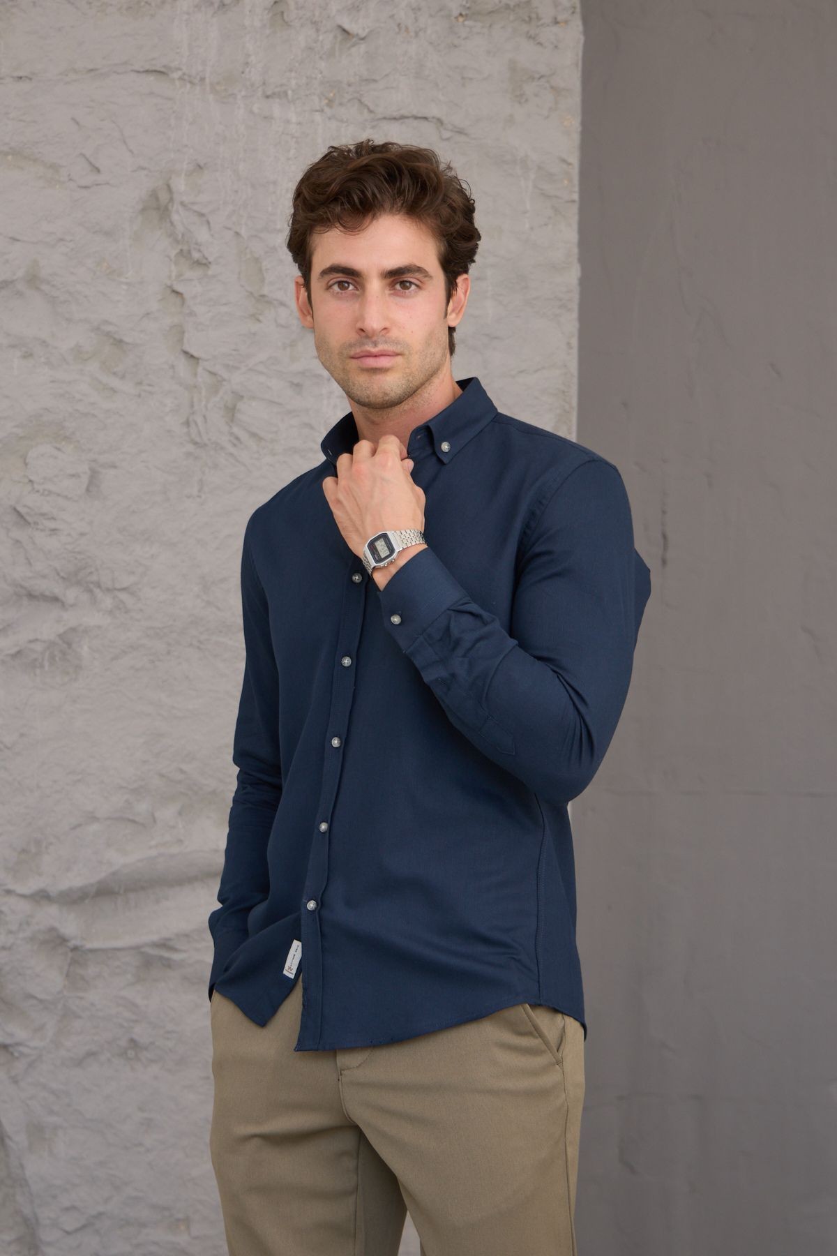Erkek Gömlek Pamuklu Fitilli Kadife Düğmeli Yaka Modern Slim Fit Dar Kesim