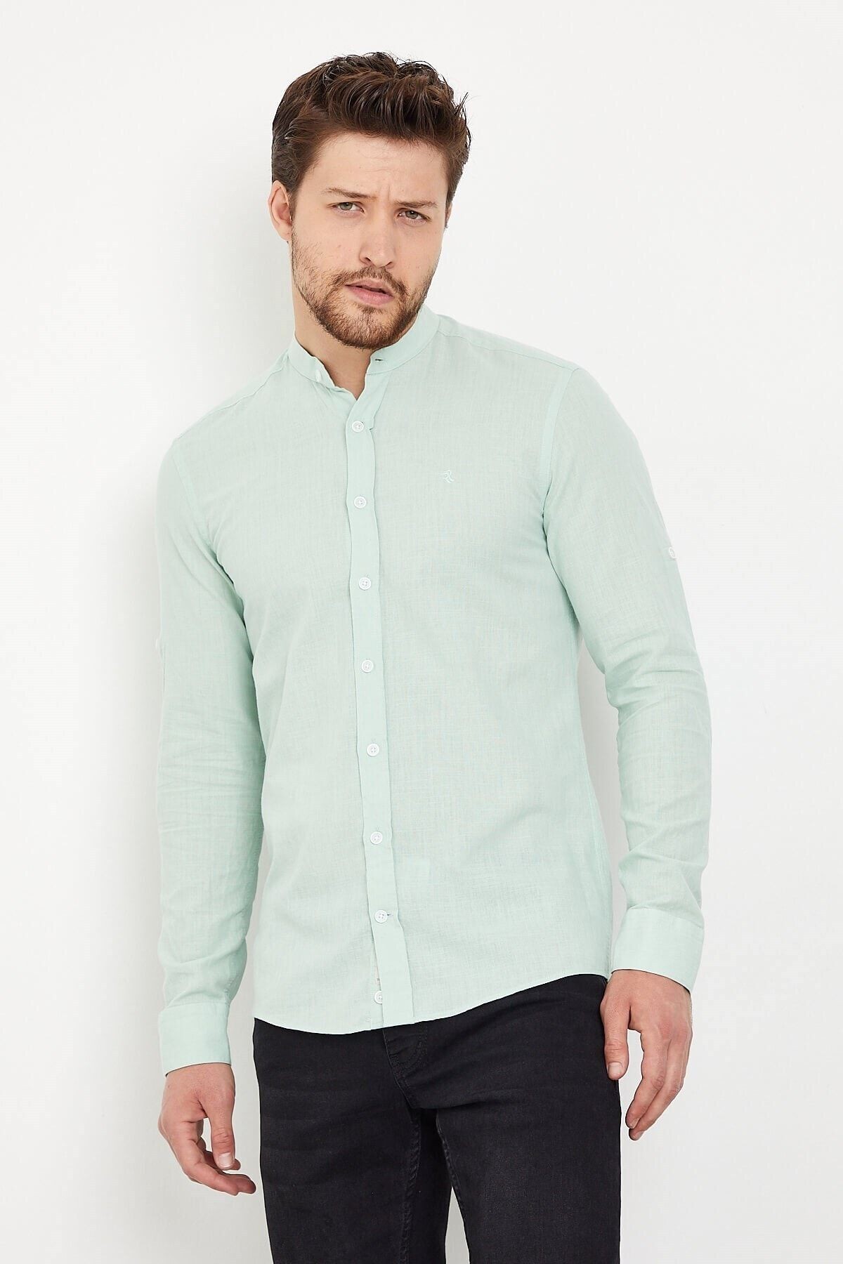 Pamuk Keten Hakim Yaka Açık Yeşil Slim Fit Uzun Kol Gömlek