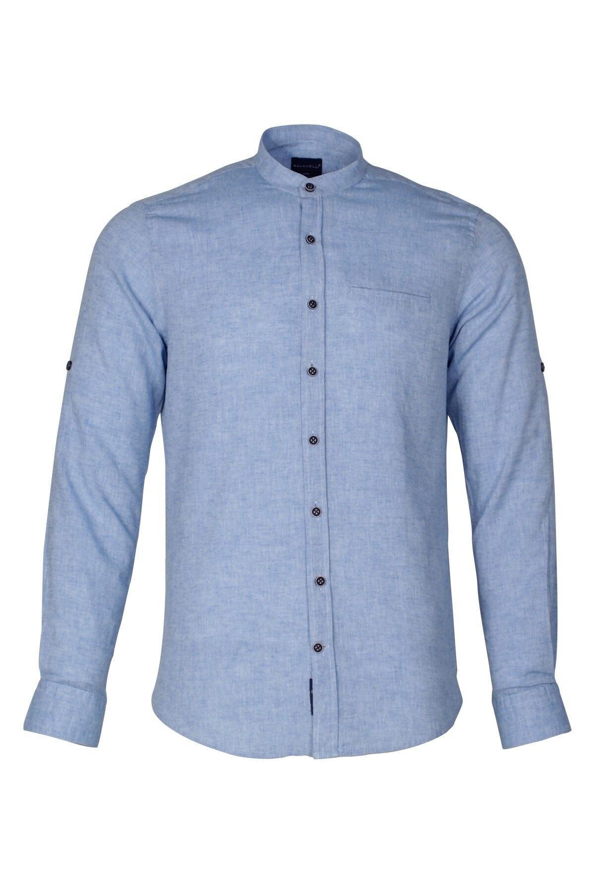 Erkek  Mavi Slim Fit Keten Apoletli Gömlek