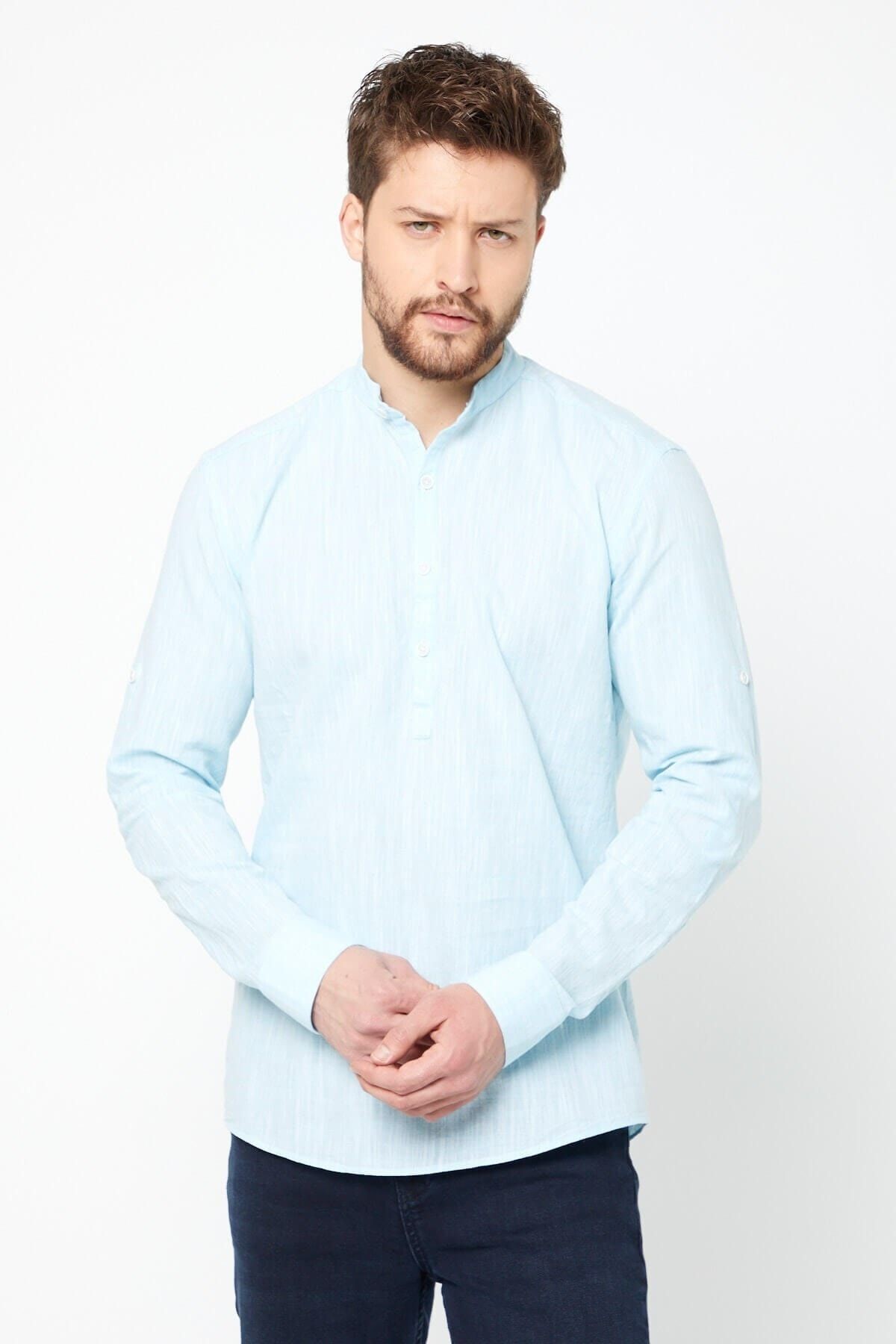 Keten Hakim Yaka Yarım Pat Turkuaz Slim Fit Uzun Kol Gömlek