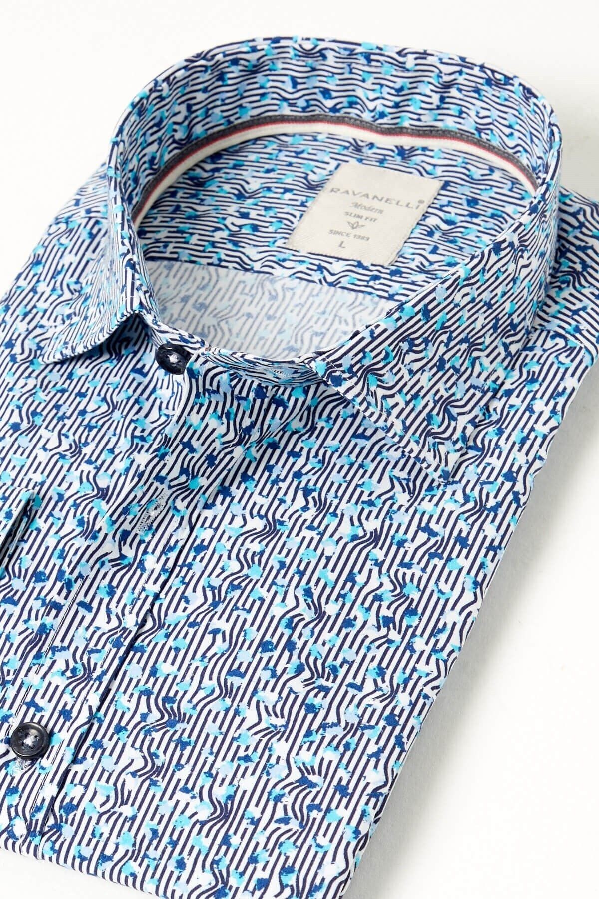 %100 Pamuk Turkuaz Baskılı Slim Fit Uzun Kol Gömlek