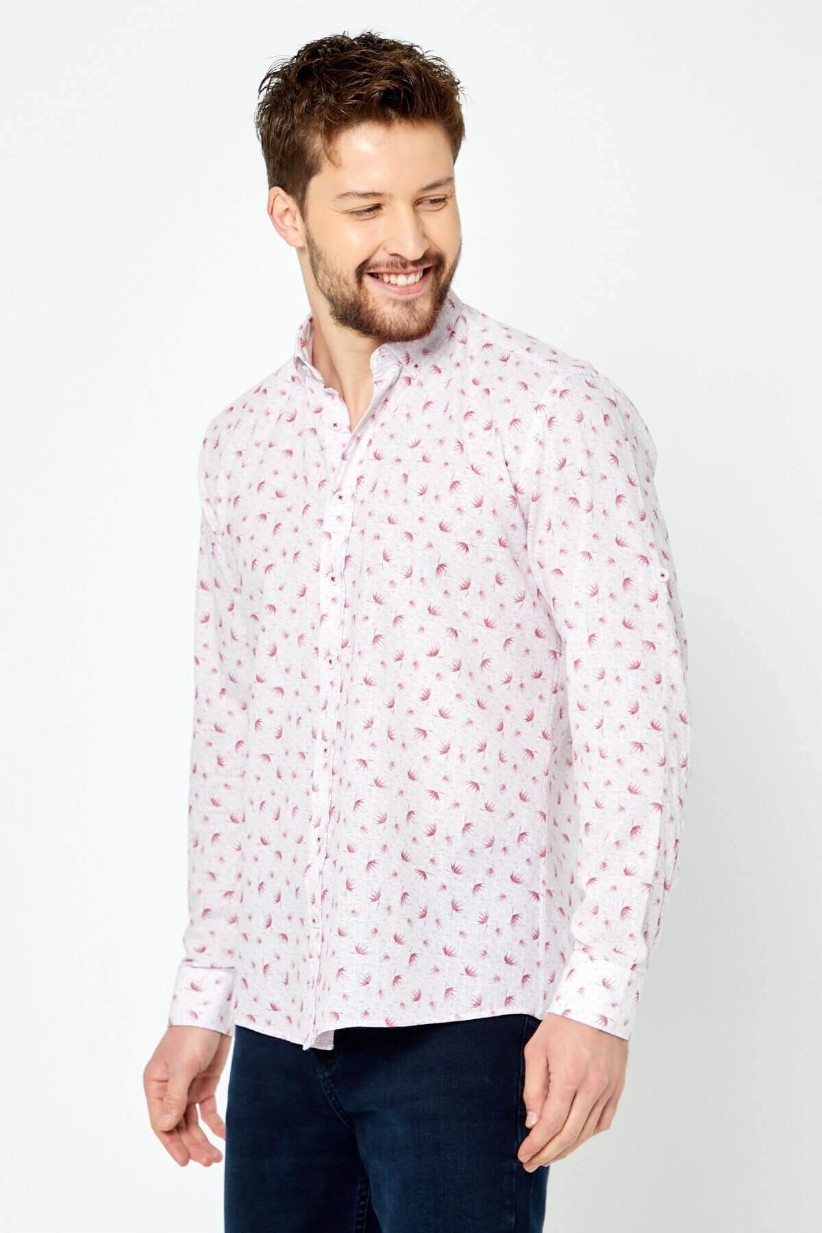 %100 Pamuk Keten Kırmızı Baskılı Slim Fit Uzun Kol Keten Gömlek