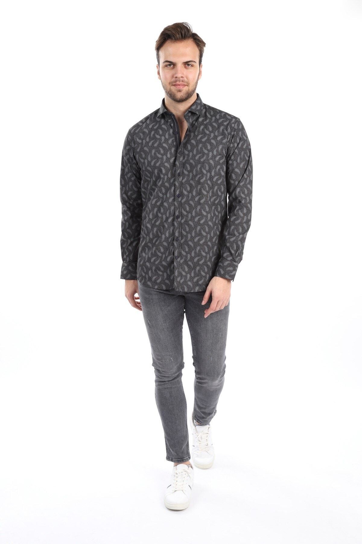 Baskılı Siyah Slim Fit Gömlek
