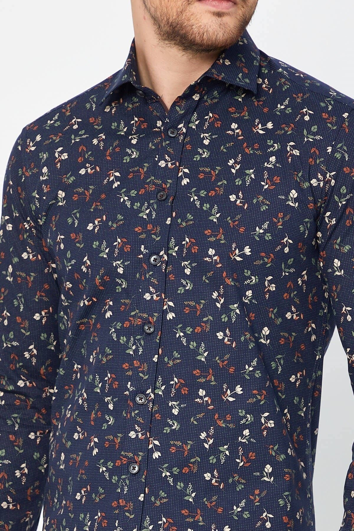Baskılı Lacivert Slim Fit Uzun Kol Gömlek