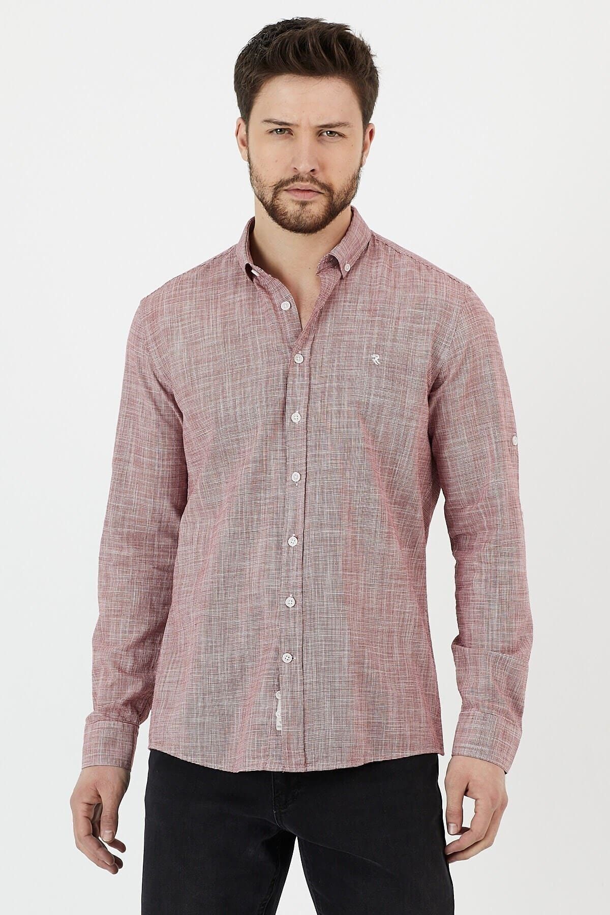 Bordo %100 Pamuk Slim Fit Uzun Kol Keten Gömlek