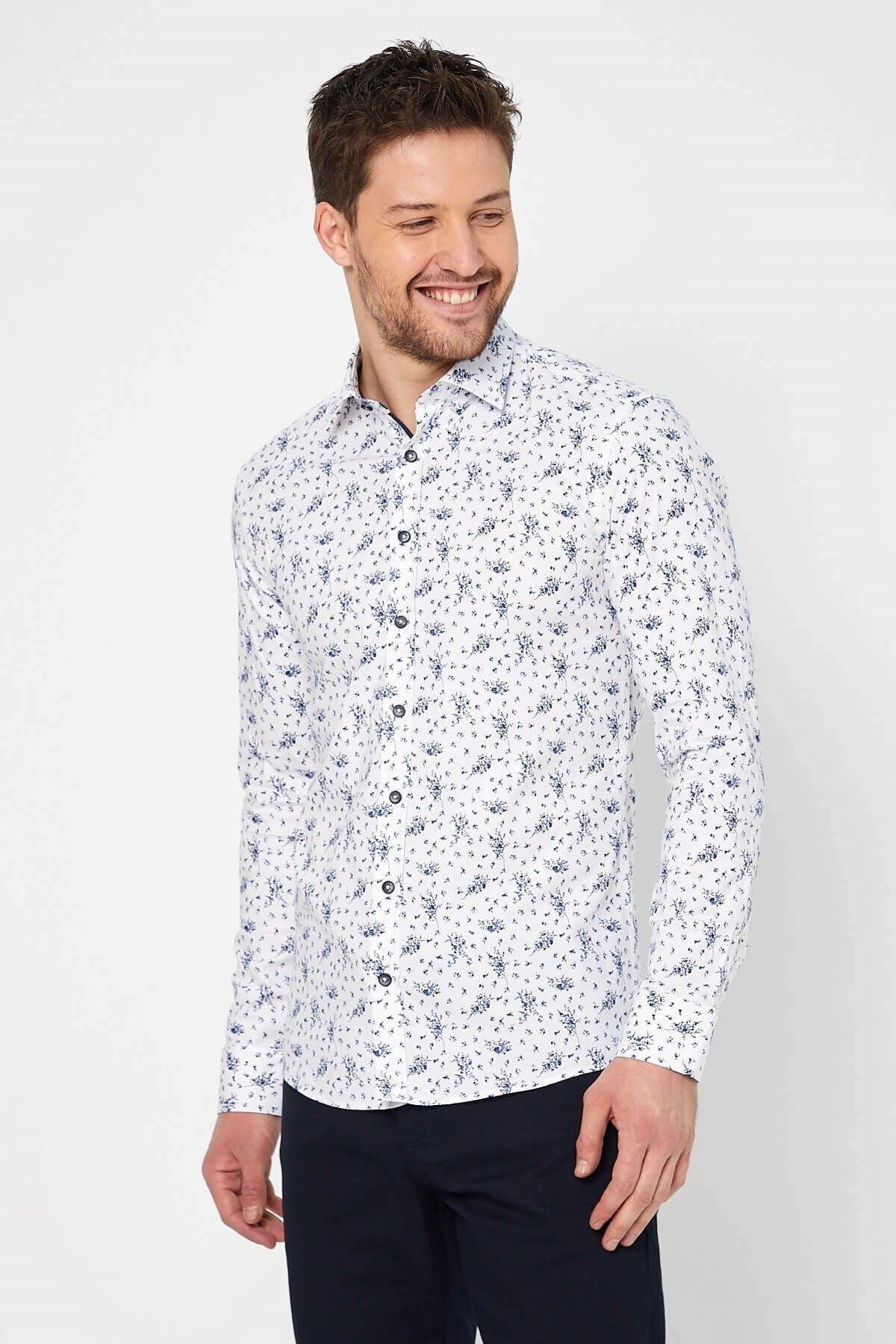 Lacivert Baskılı Beyaz Slim Fit Uzun Kol Gömlek