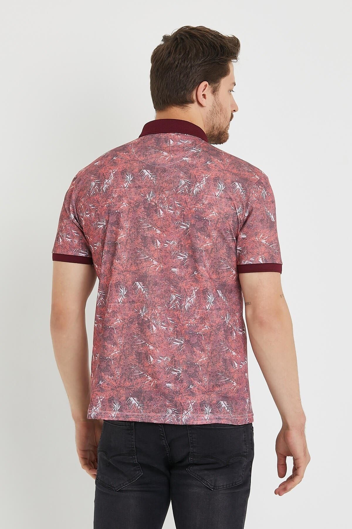 Polo Yaka Düğmeli Baskılı Bordo Slim Fit Tişört