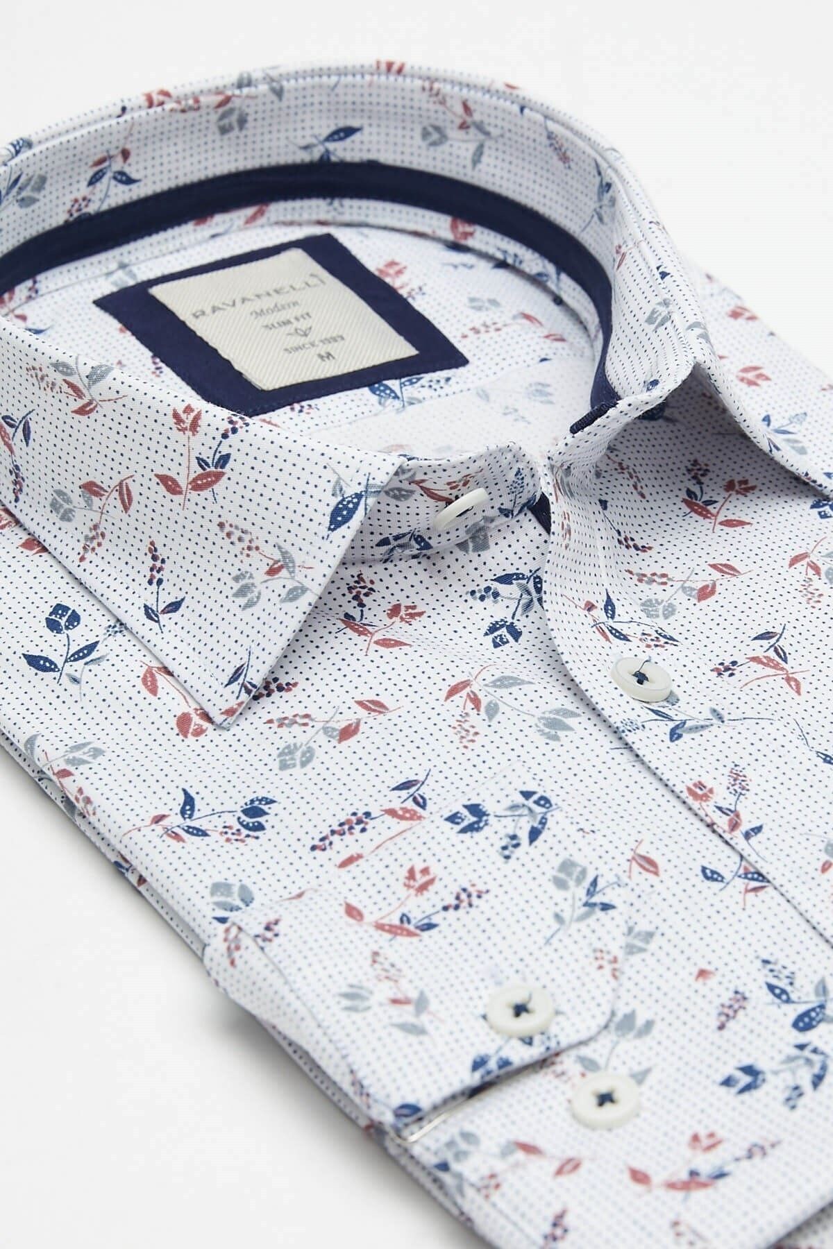 Lacivert Baskılı Beyaz Slim Fit Uzun Kol Gömlek