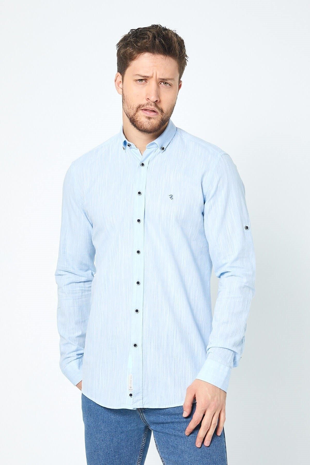 Keten Mavi Slim Fit Uzun Kol Gömlek