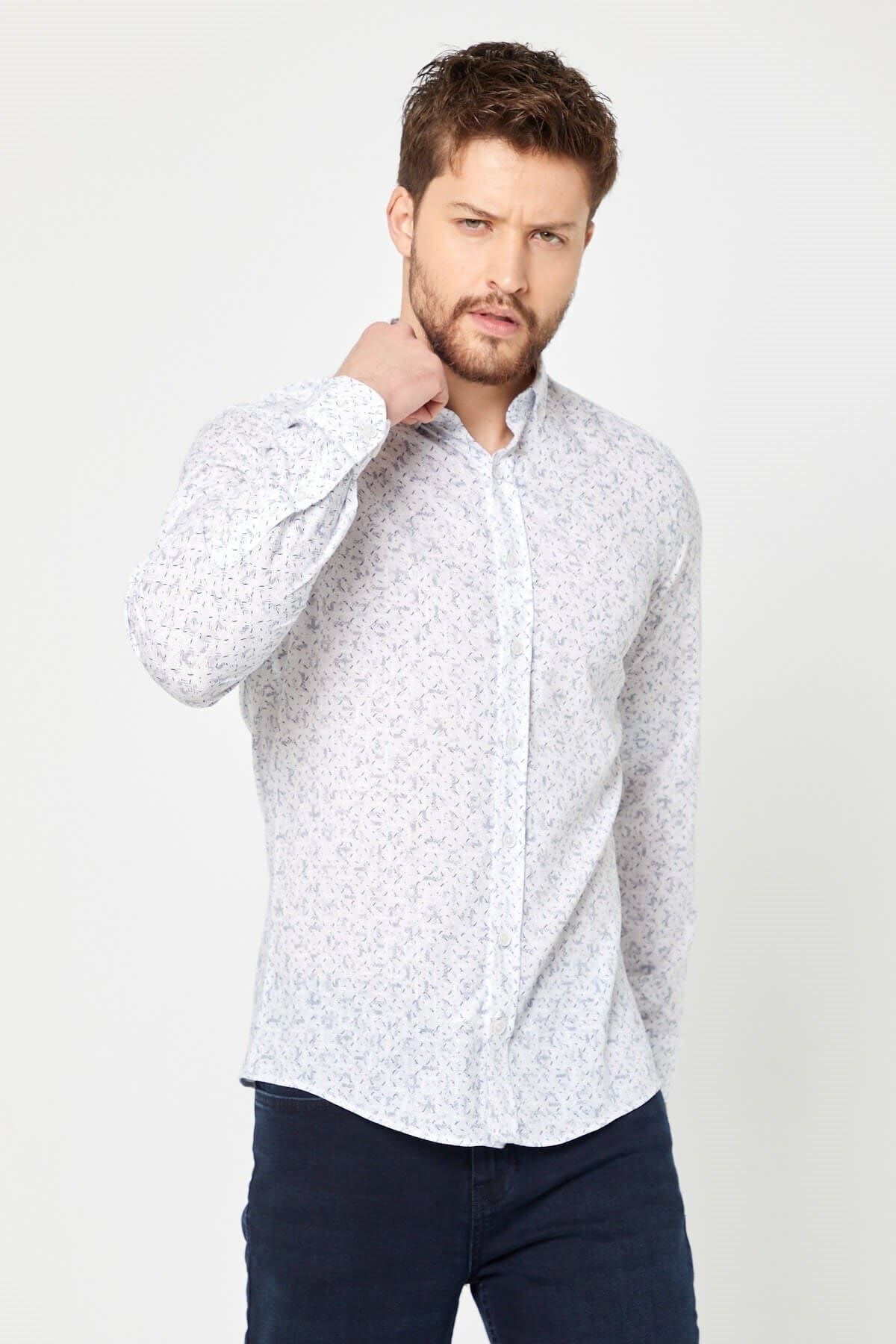 Pamuk Keten Baskılı Beyaz Slim Fit Uzun Kol Gömlek