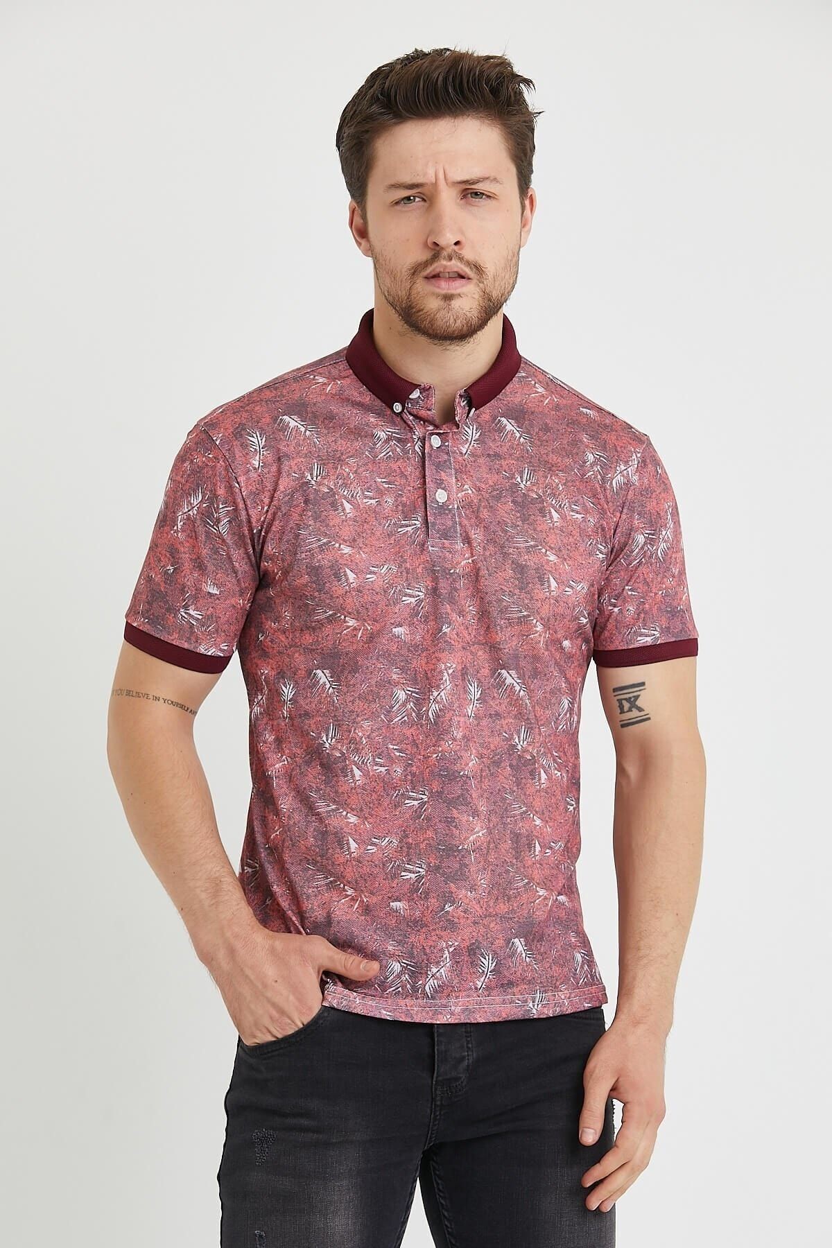 Polo Yaka Düğmeli Baskılı Bordo Slim Fit Tişört