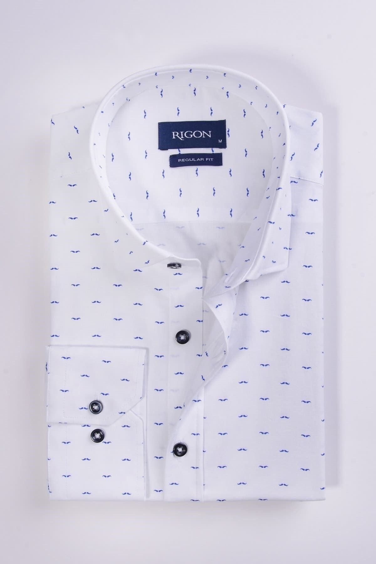 Lacivert Baskılı Beyaz Slim Fit Gömlek